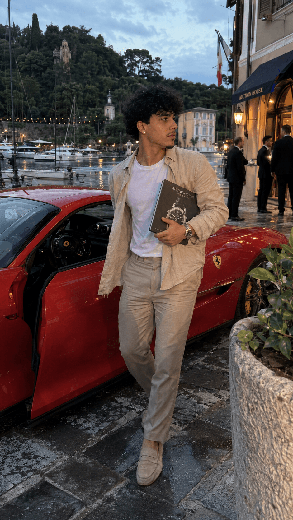 AI-generated car scene with a man and a Ferrari in Portofino