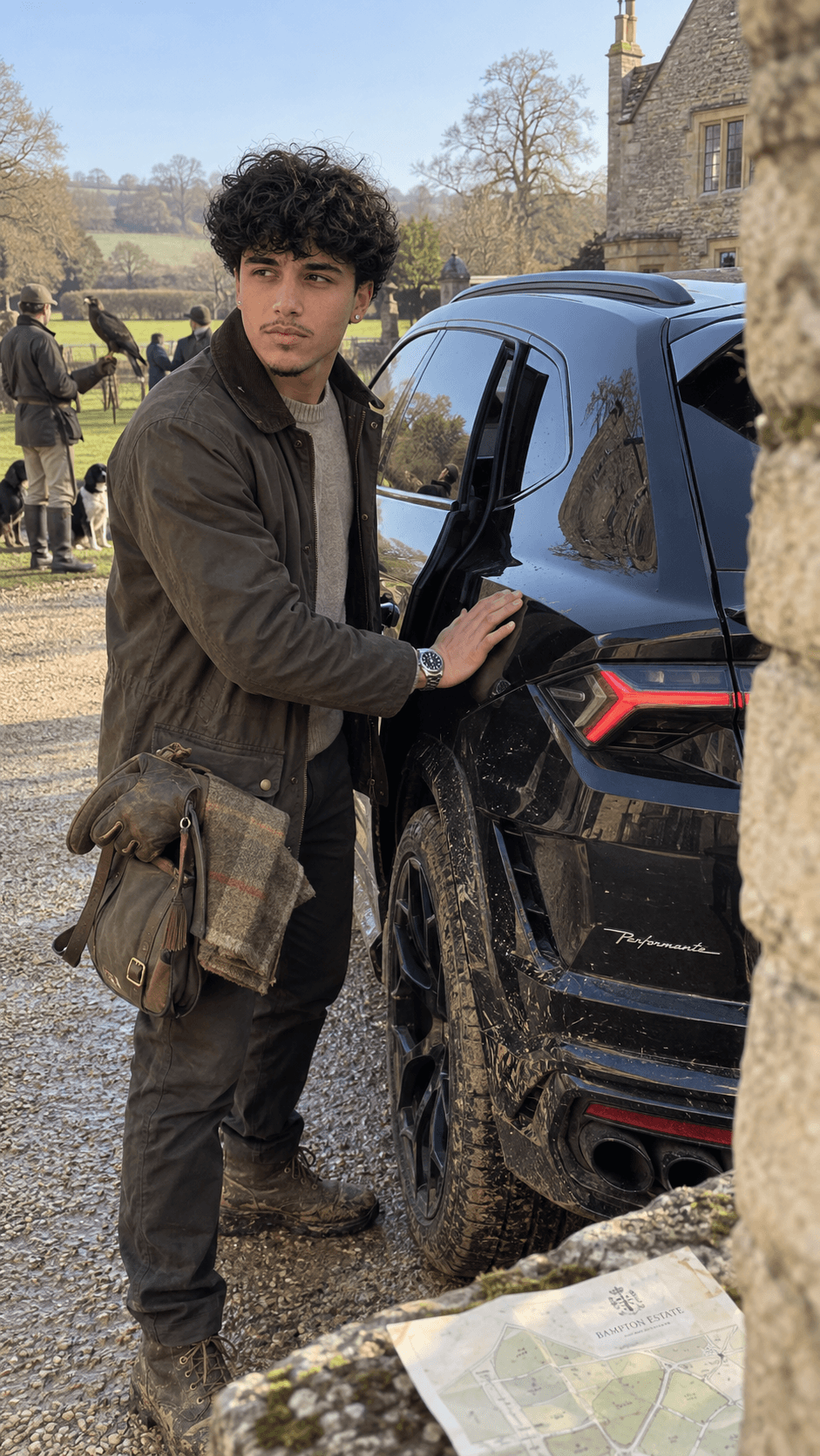 AI-generated man closing the rear door of a muddy Lamborghini Urus at a Cotswolds falconry estate