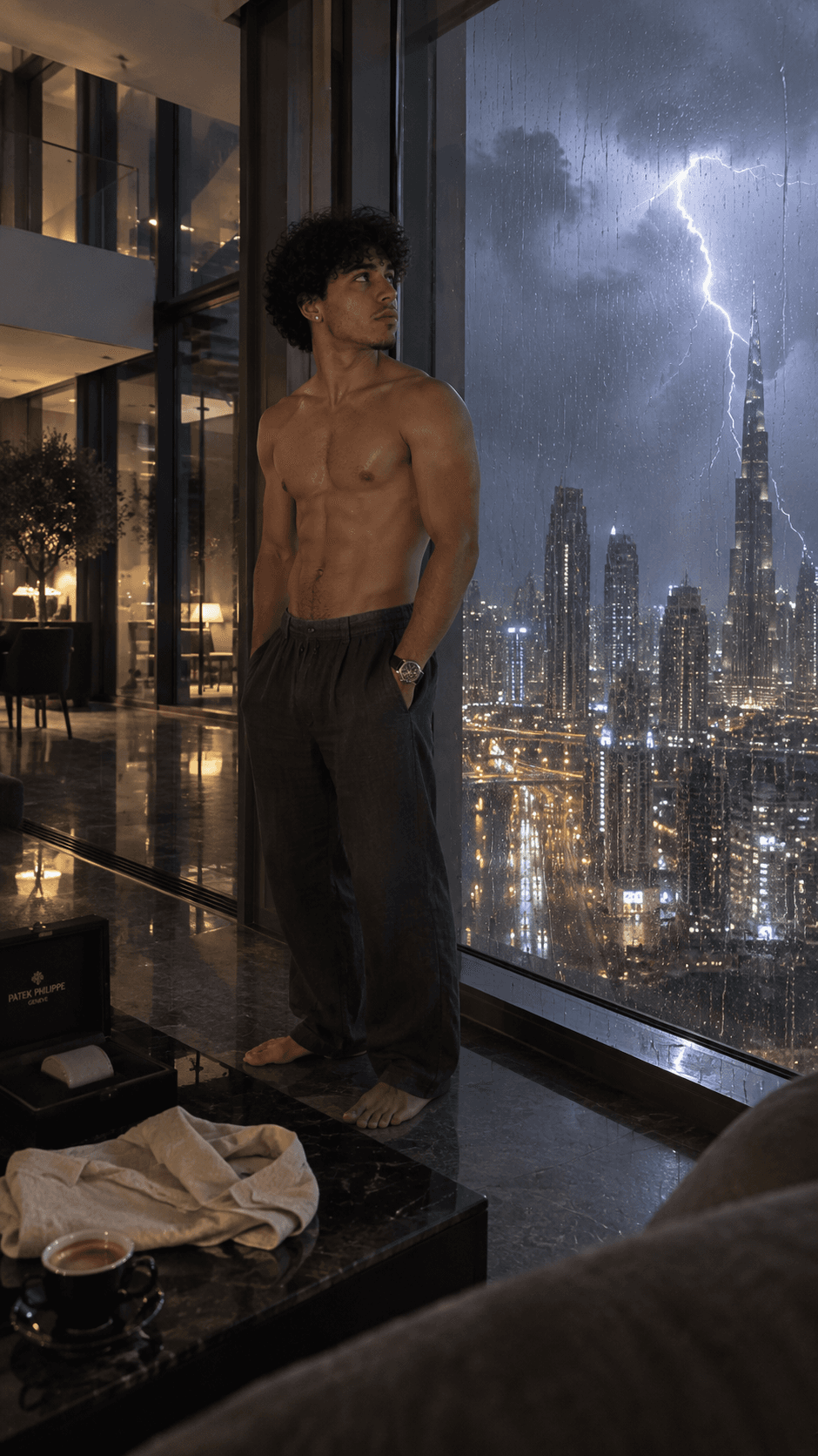 AI-generated man watching lightning from a glass-walled Dubai penthouse