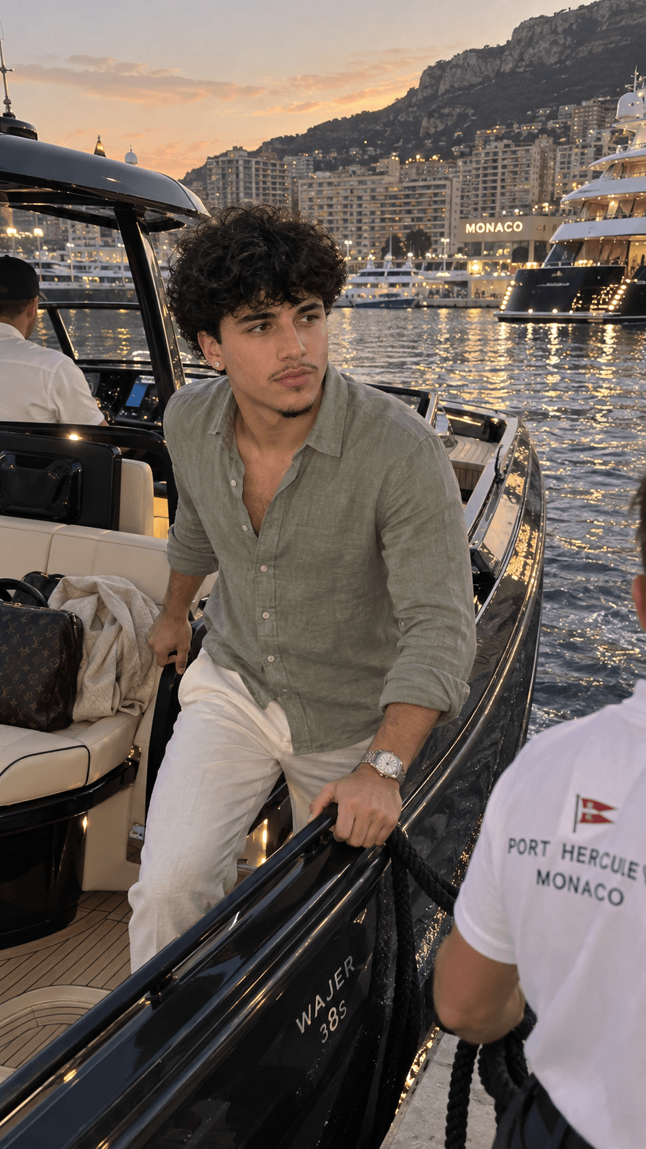 AI-generated tender arrival in Monaco surrounded by superyachts